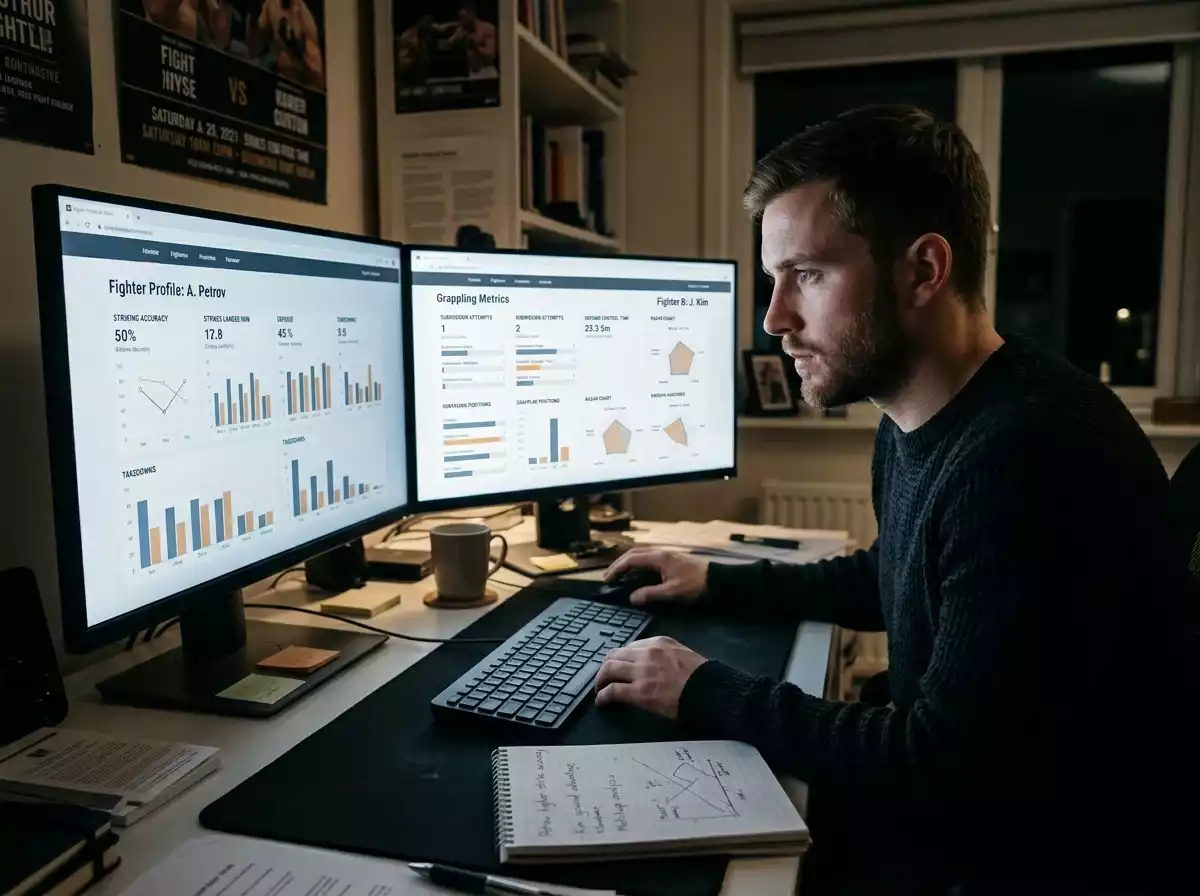 MMA analyst reviewing UFC fighter statistics and style matchup data before placing a bet