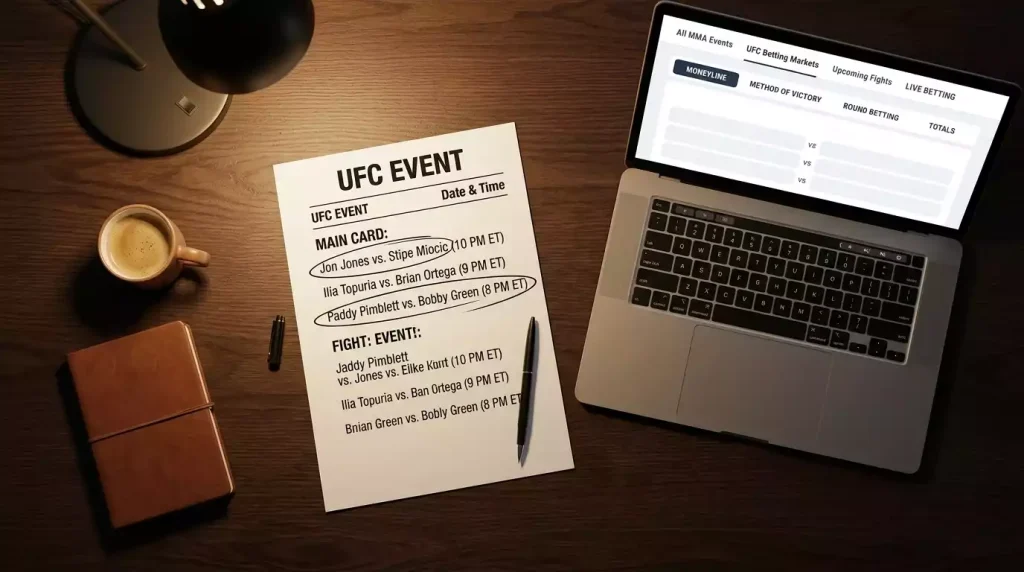 Overview of UFC bet types including moneyline, props, and parlays on a dark analytical interface