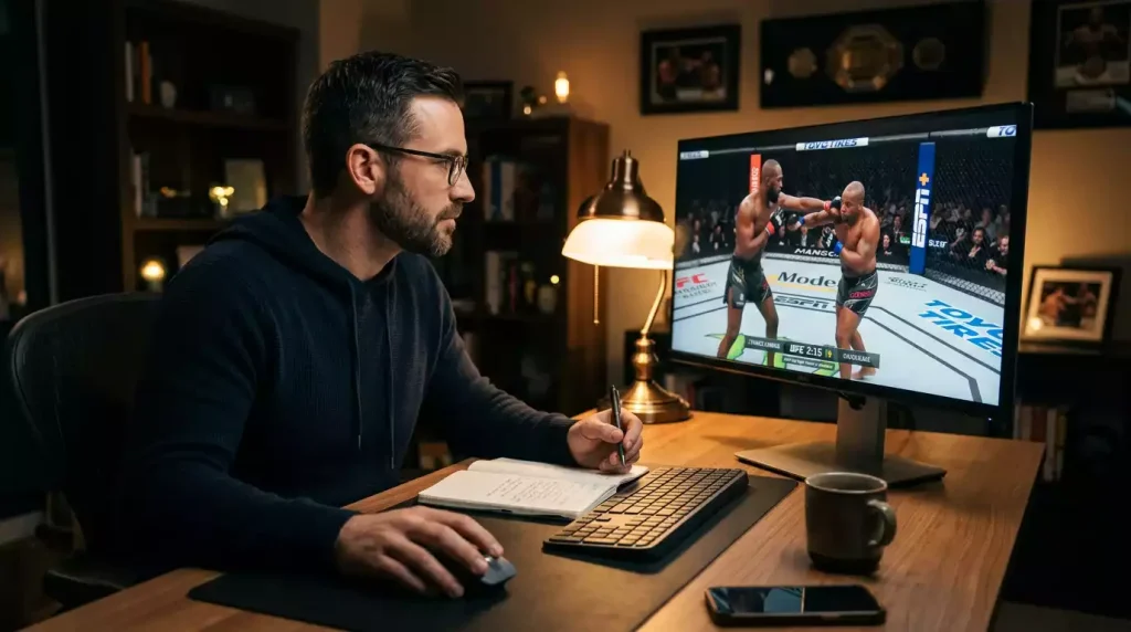 UFC fighter statistical breakdown with matchup analysis on a dark data dashboard