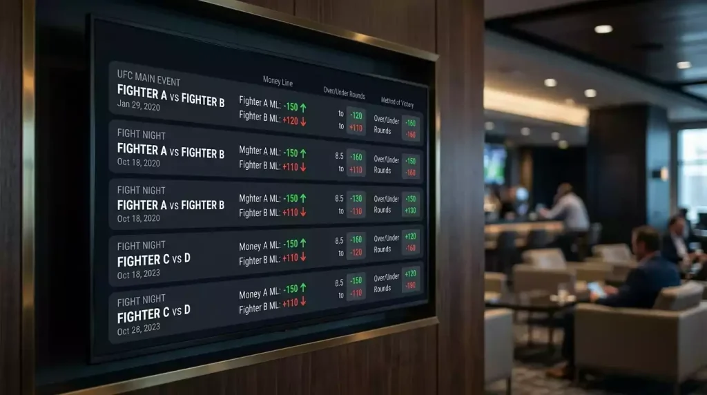 UFC line movement chart showing odds shifts from opening to closing with sharp money and public action indicators