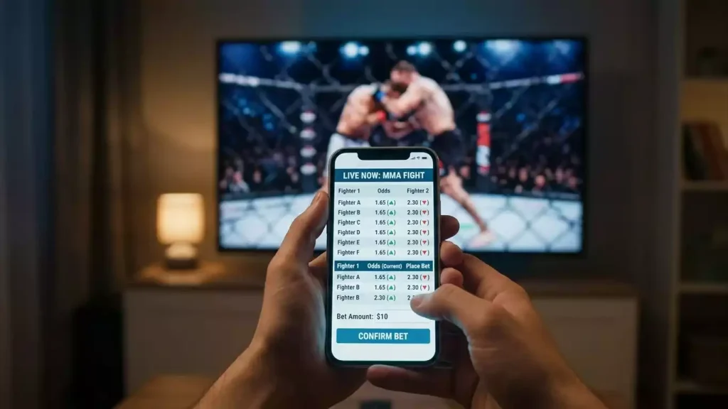 UFC live betting guide showing in-play wagering interface with round-by-round odds updates