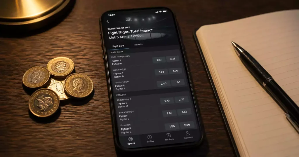 UFC moneyline bet explanation showing fractional and decimal odds with payout examples in pounds